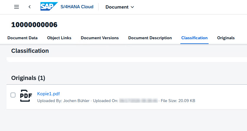 SAP S/4HANA Cloud document in DMS with a PDF original managed by the connector